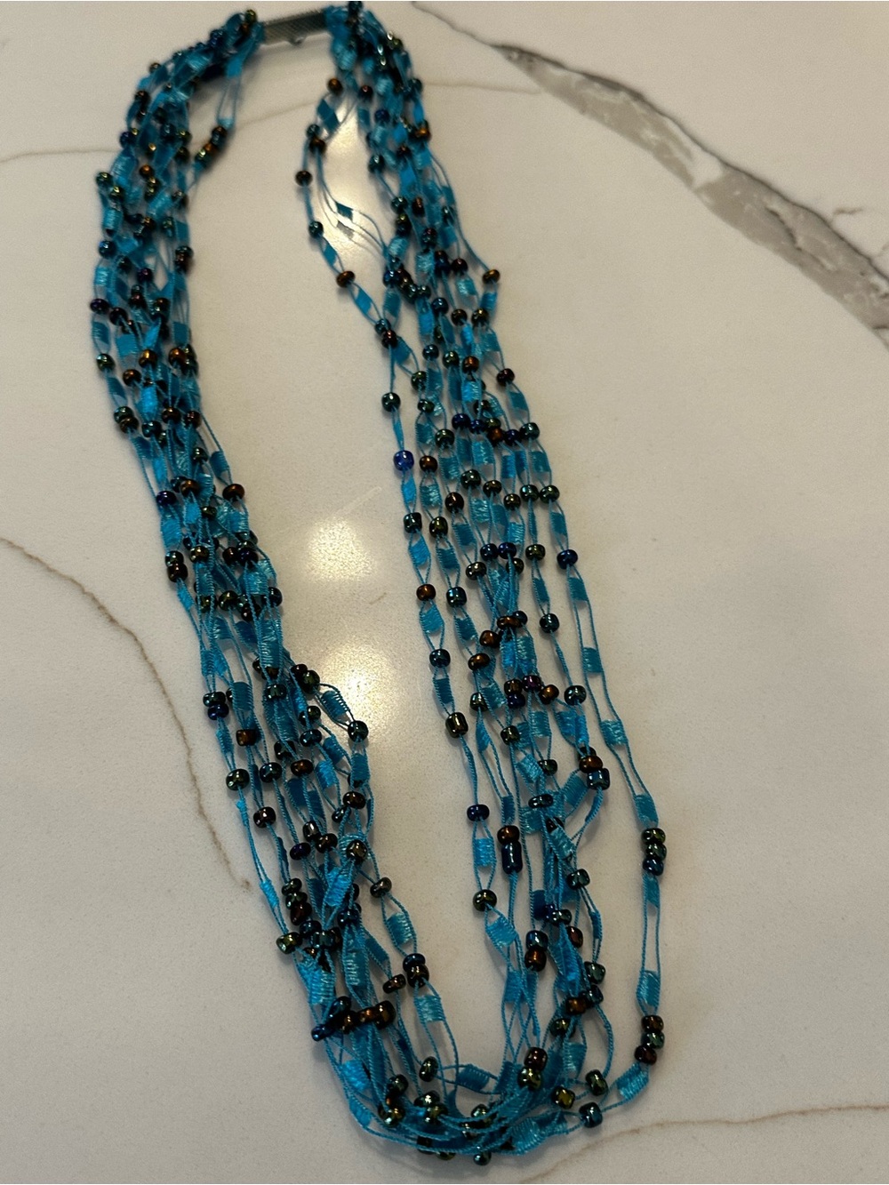 Blue Multi-Strand Beaded Necklace - turquoise bead and ribbon
